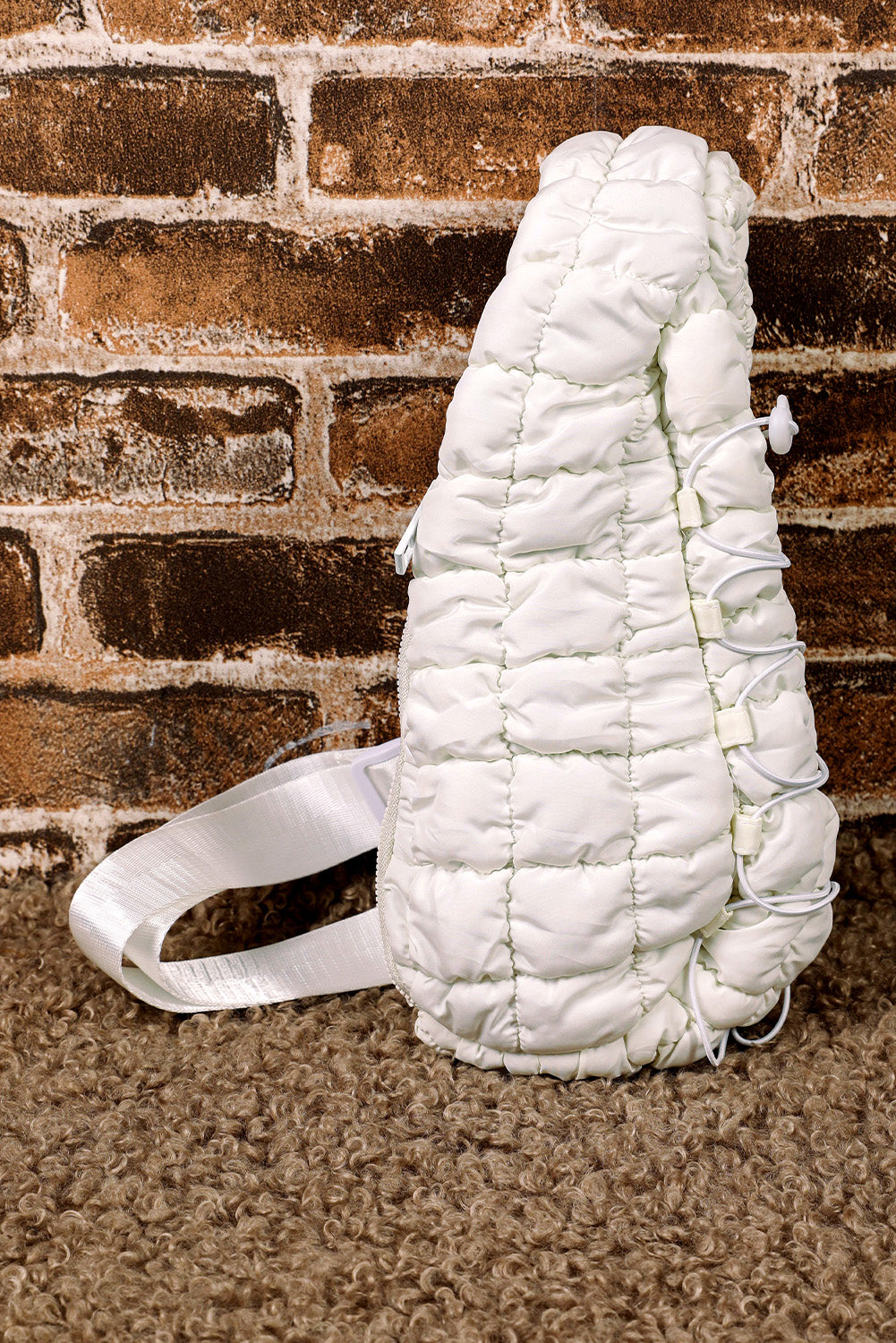 White Marshmallow Quilted Drawstring Decor Sling Bag