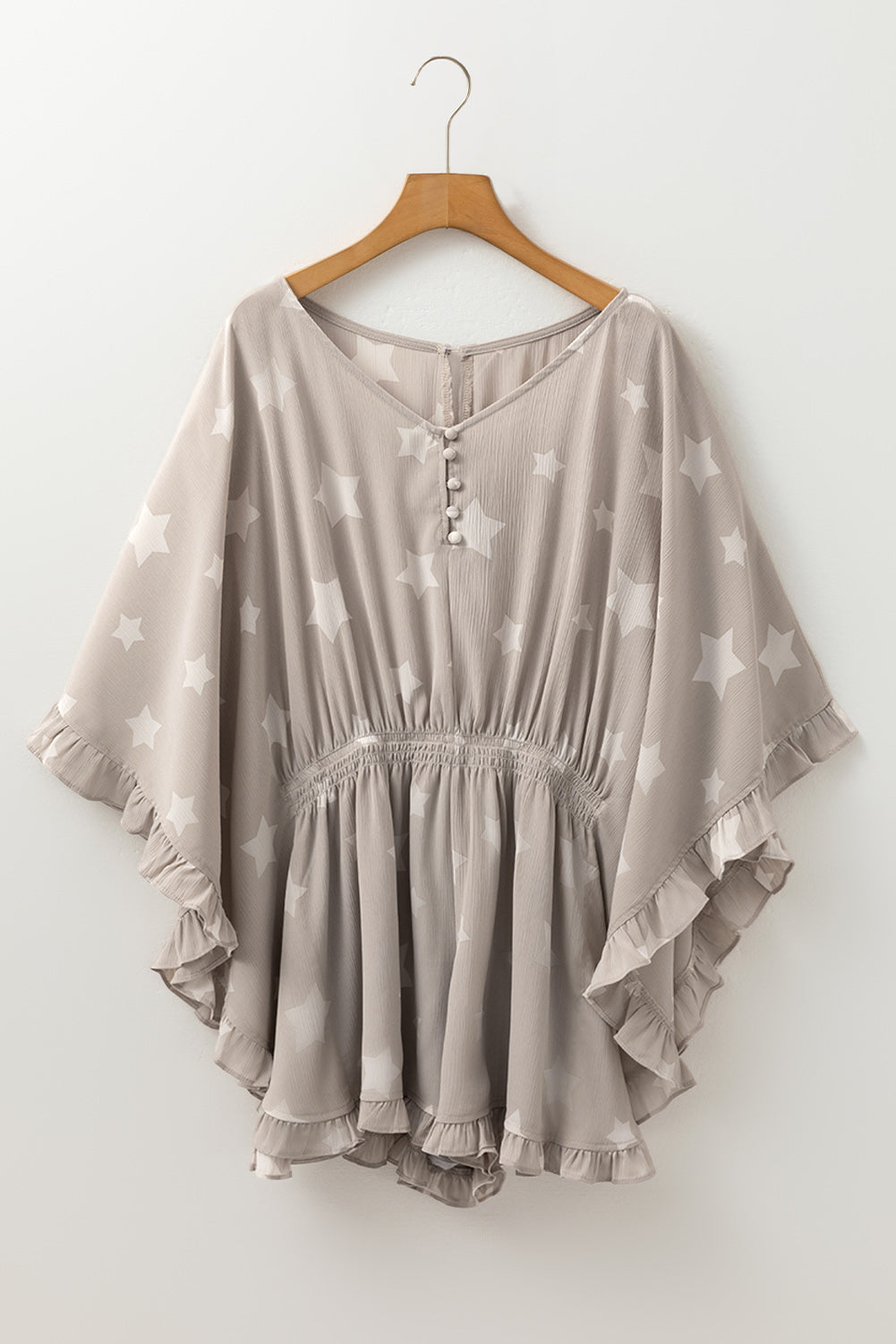 Gray Star Print Ruffle Hem V Neck Romper