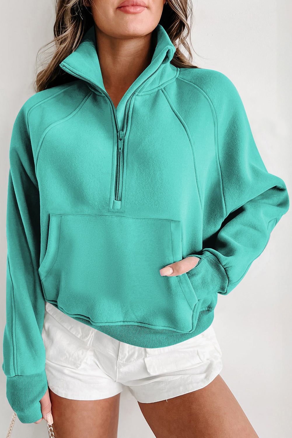 Smoke Green Zip Up Stand Collar Ribbed Thumbhole Sleeve Sweatshirt