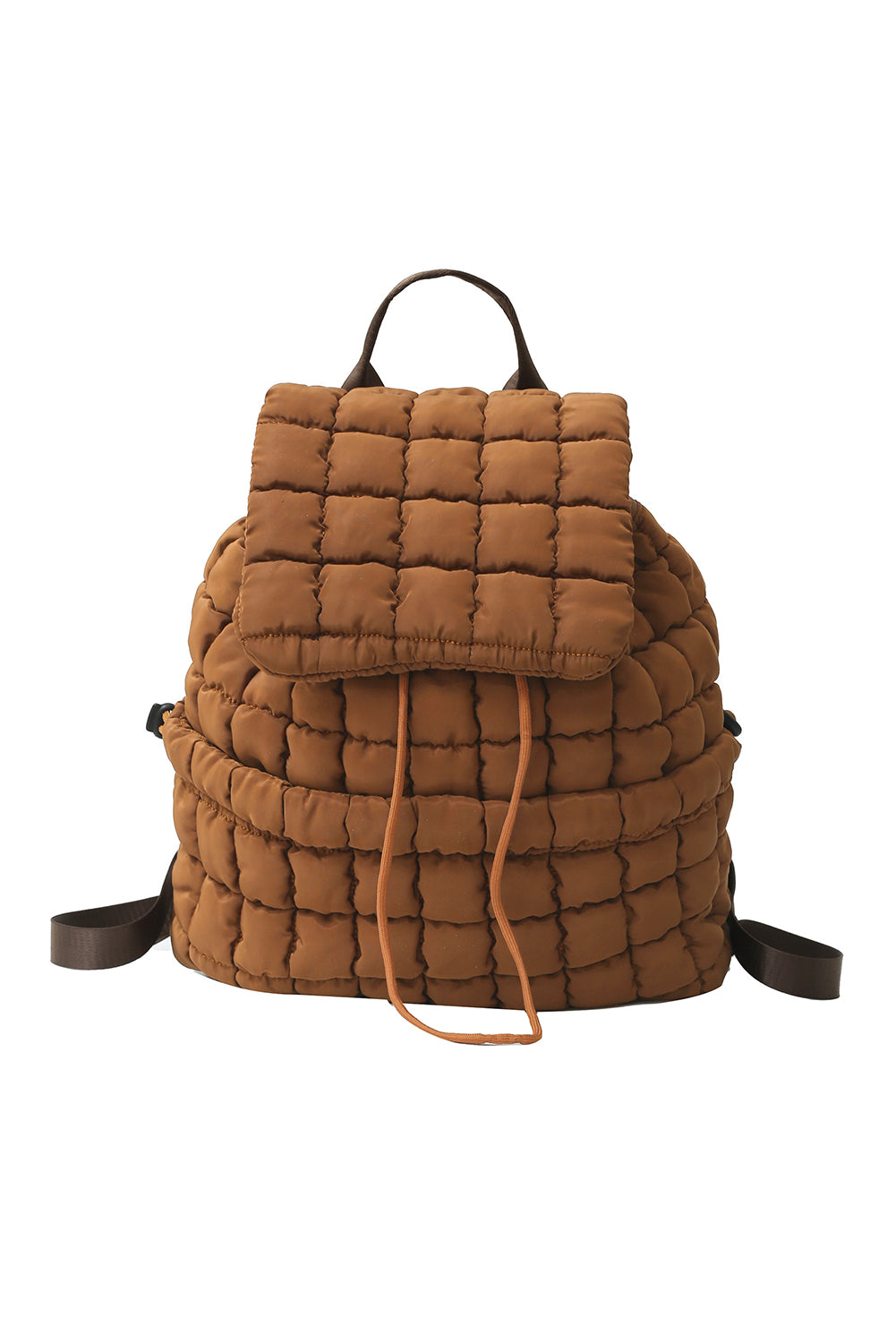 Coffee Solid Flapped Quilted Puffer Backpack