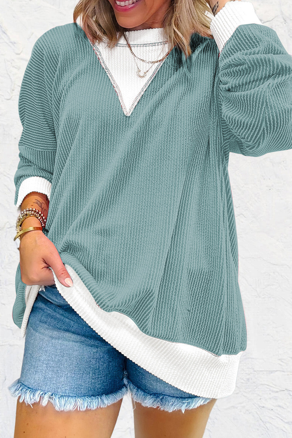 Light Blue Corded Colorblock Drop Shoulder Loose Top