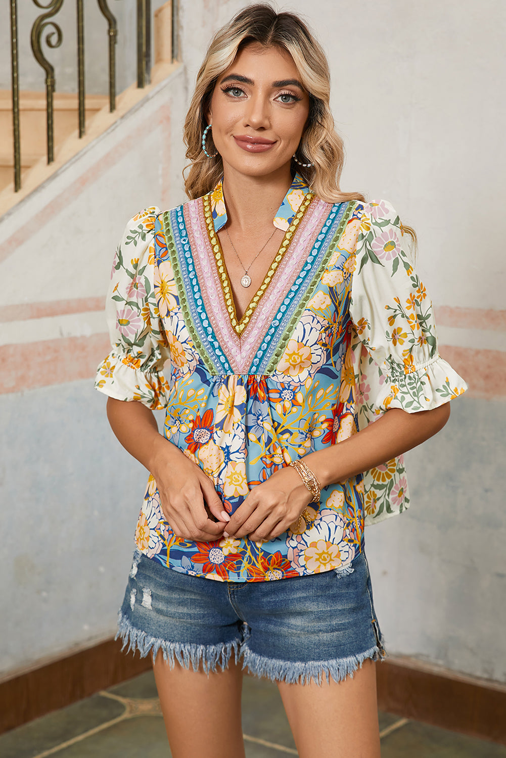 Multicolour V Neck Half Sleeve Boho Floral Blouse