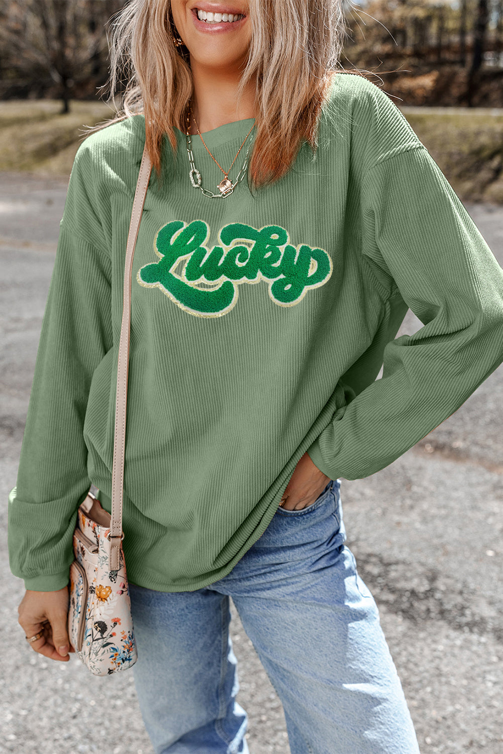 Grass Green Chenille Lucky Patched Graphic Ribbed St Patrick Sweatshirt