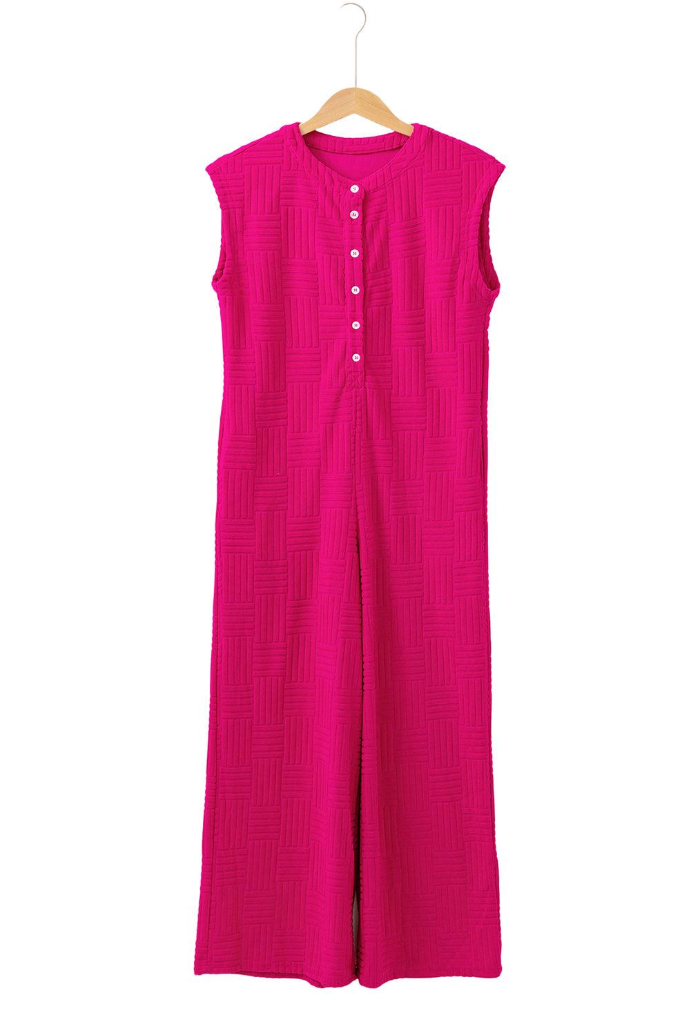 Bright Pink Terry Textured Sleeveless Button Front Wide Leg Jumpsuit