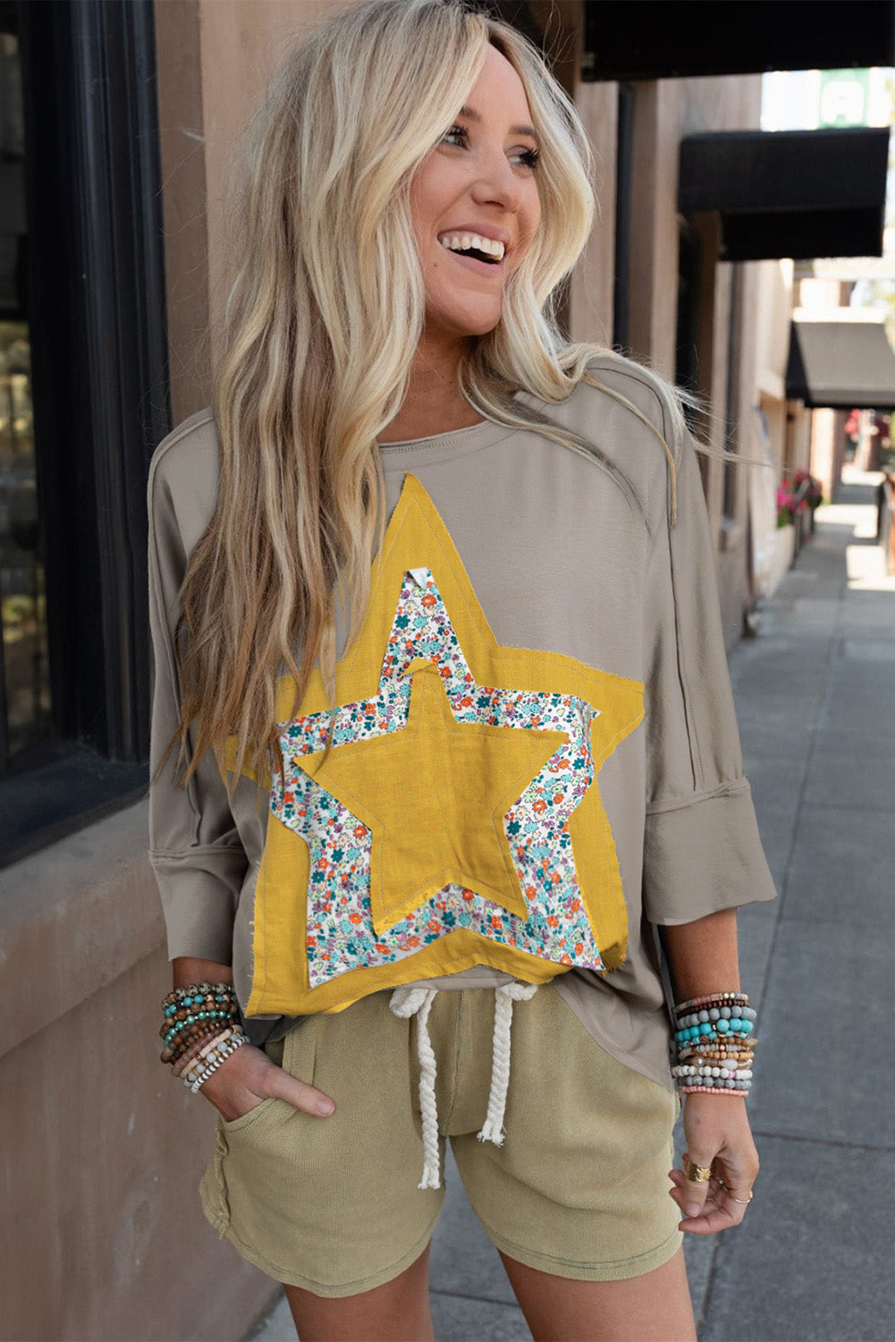 Rose Tan Floral Star Patched Exposed Seam Top