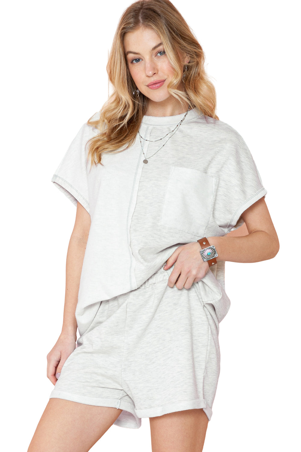 Khaki Exposed Seam Chest Pocket Tee and Shorts Set