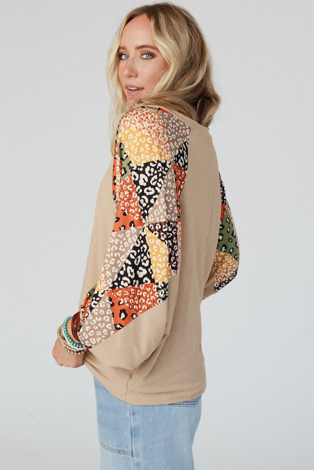 Parchment Leopard Patchwork Lantern Sleeve V Neck Loose Top