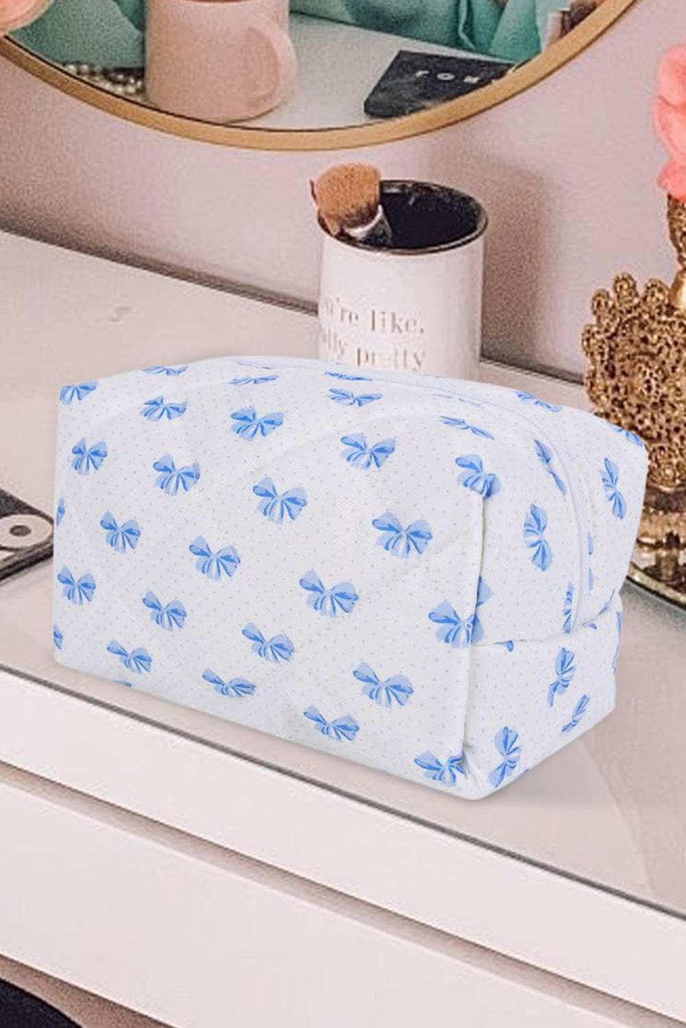 Sky Blue Sweet Bowknot Quilted Zipper Makeup Bag