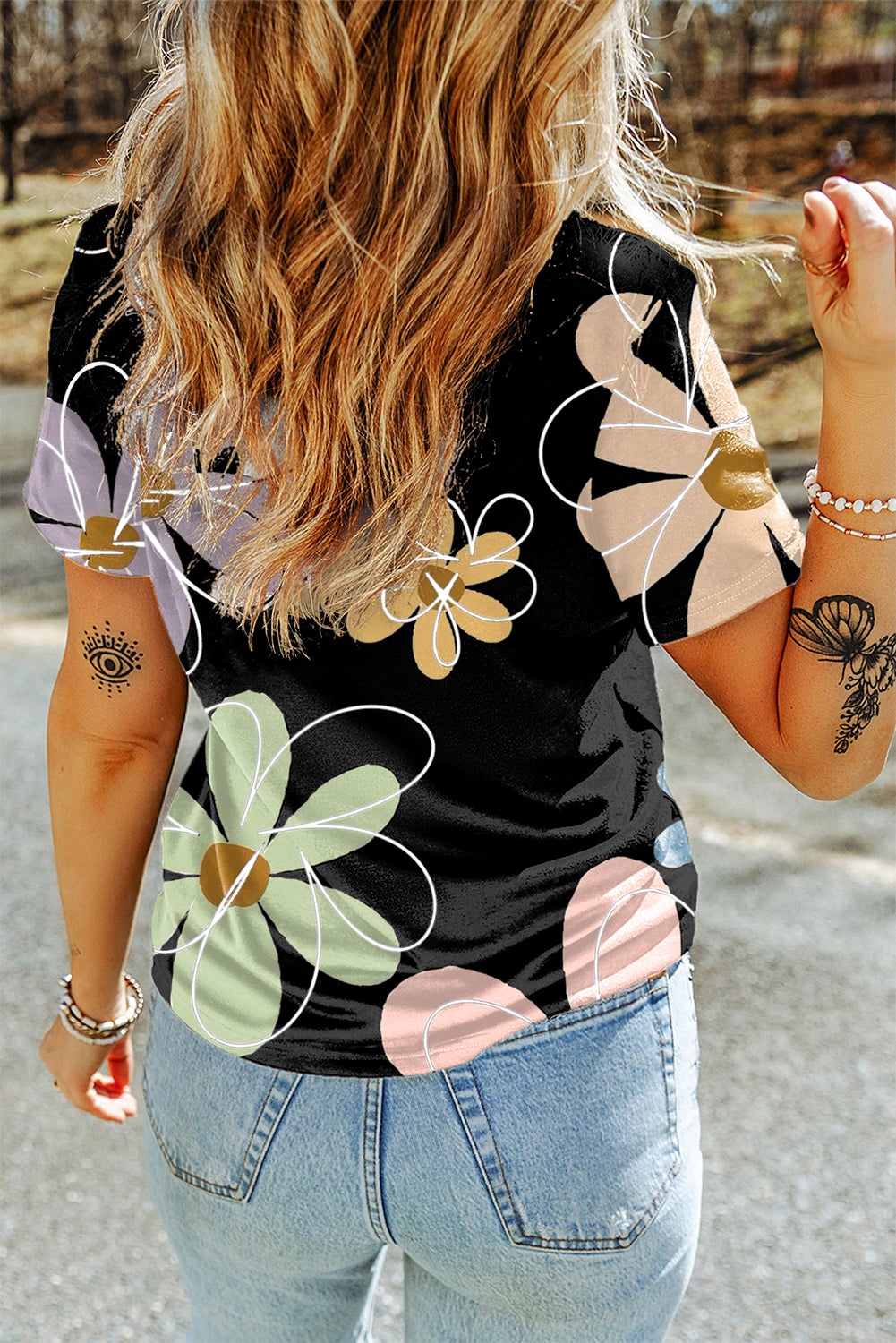 Beige Summer Flower Print Round Neck T Shirt