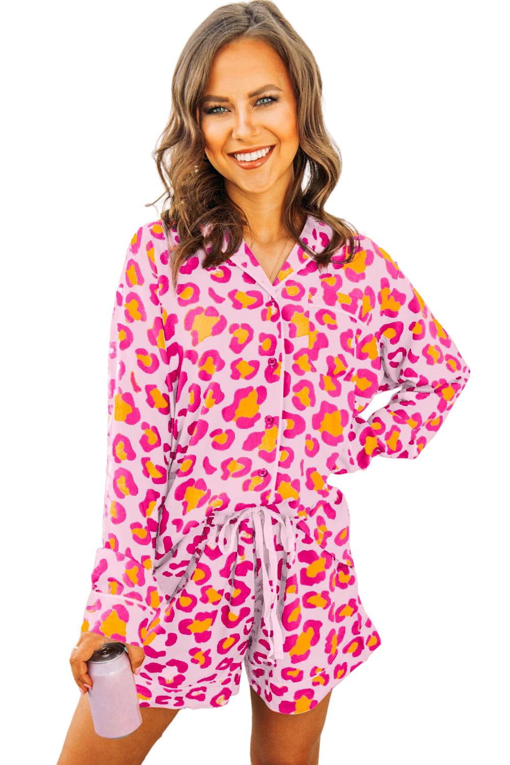 Pink Leopard Print Long Sleeve Shirt and Shorts Pajama Set