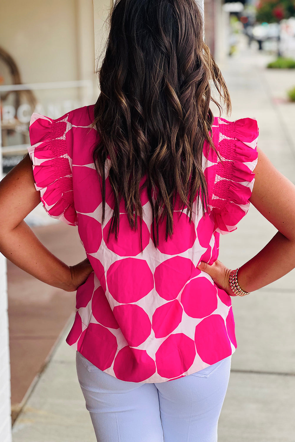 Rose Polka Dot Pattern Frill Neck Flutter Sleeve Top