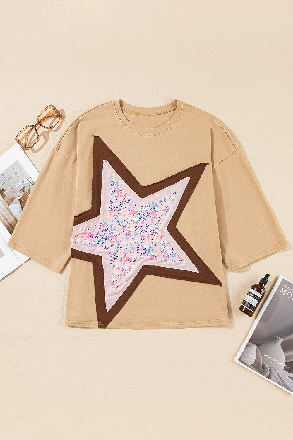 Camel Ditsy Floral Star Patched 3/4 Sleeve T Shirt