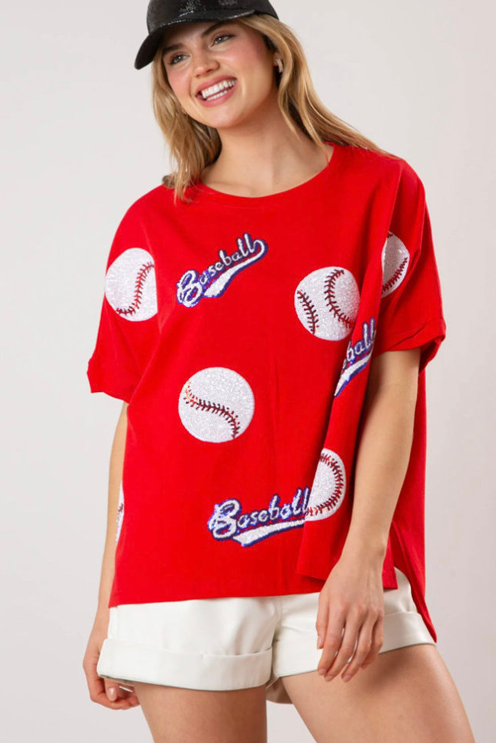 Fiery Red Sequin Baseball Loose Fit Tee