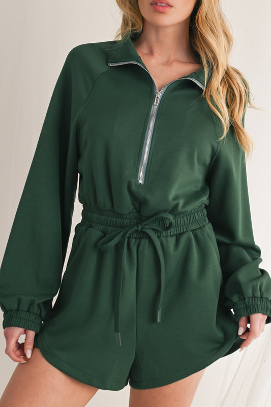 Blackish Green Solid Zip-up Drawstring Romper