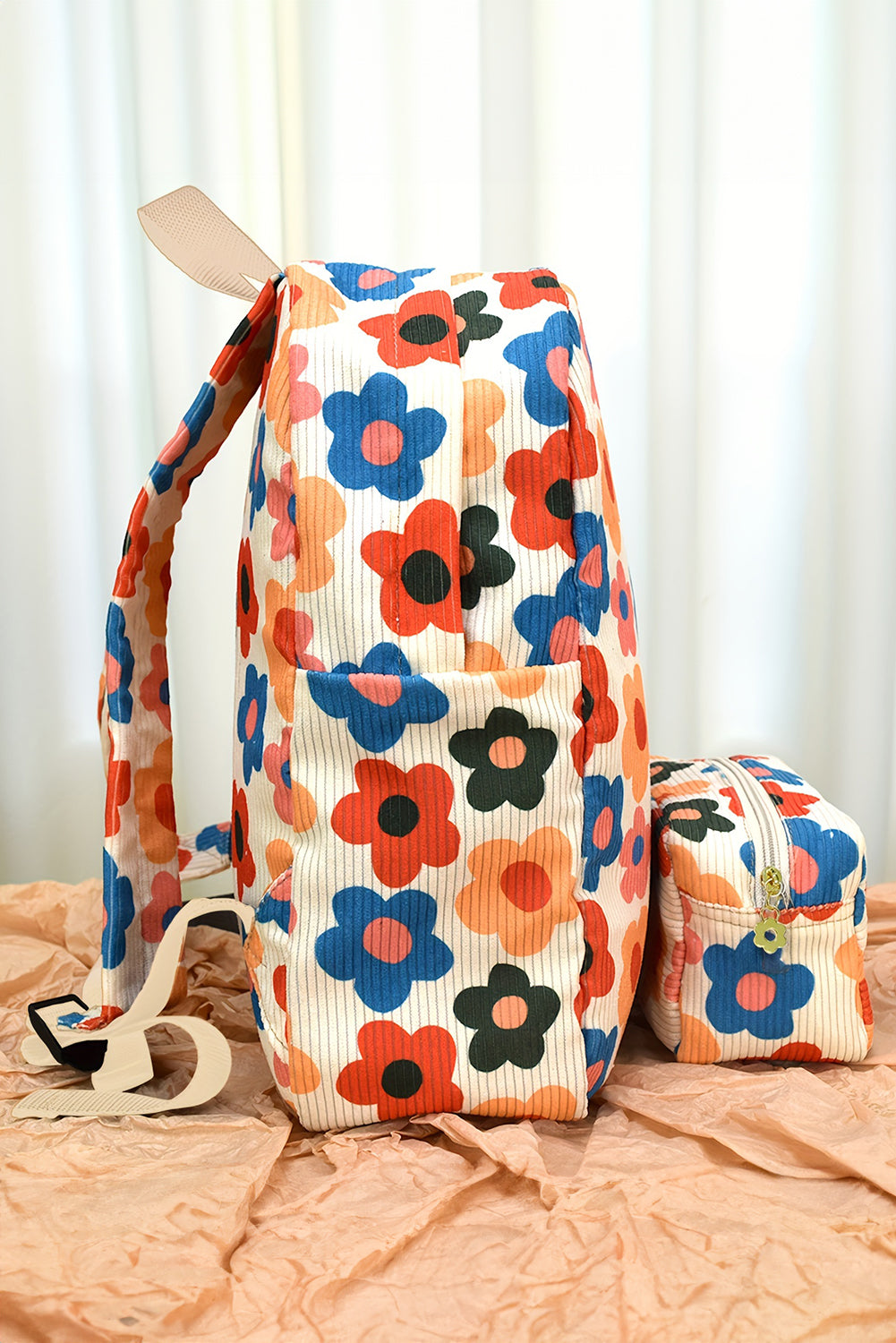 Khaki 60s Flower Print Corduroy Backpack