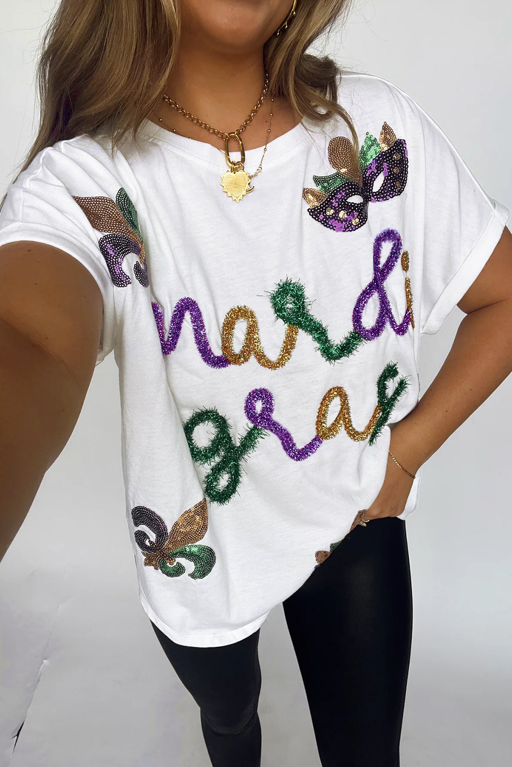 White Mardi Gras Tinsel Sequin Graphic T Shirt