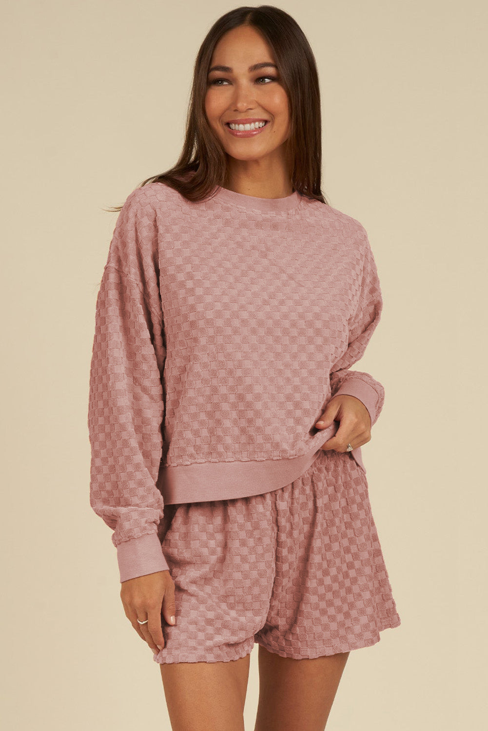 Blossom Checkered Textured Long Sleeve Top and Shorts Set