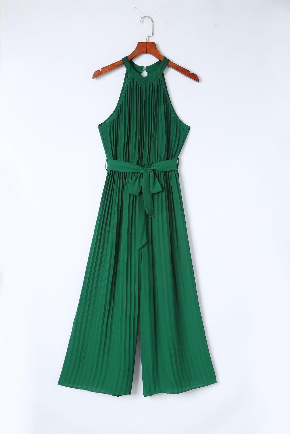 Green Elegant Halter Neck Belted Pleated Wide Leg Jumpsuit