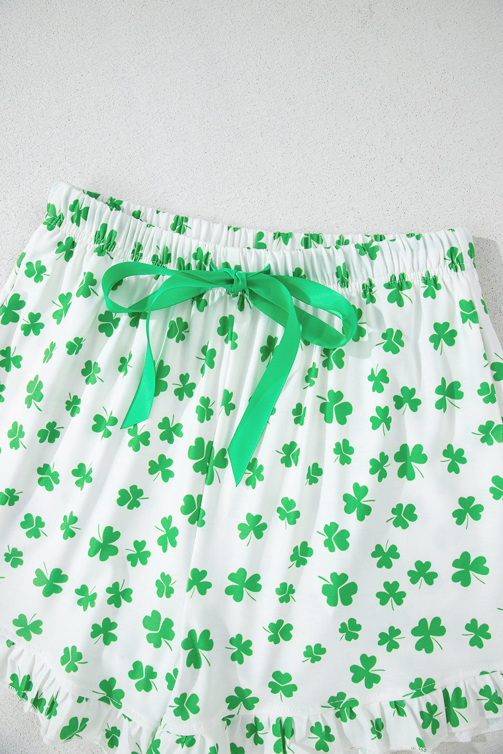 Green St Patricks Day Clover Print Shirt and Ruffle Hem Shorts Pajama Set