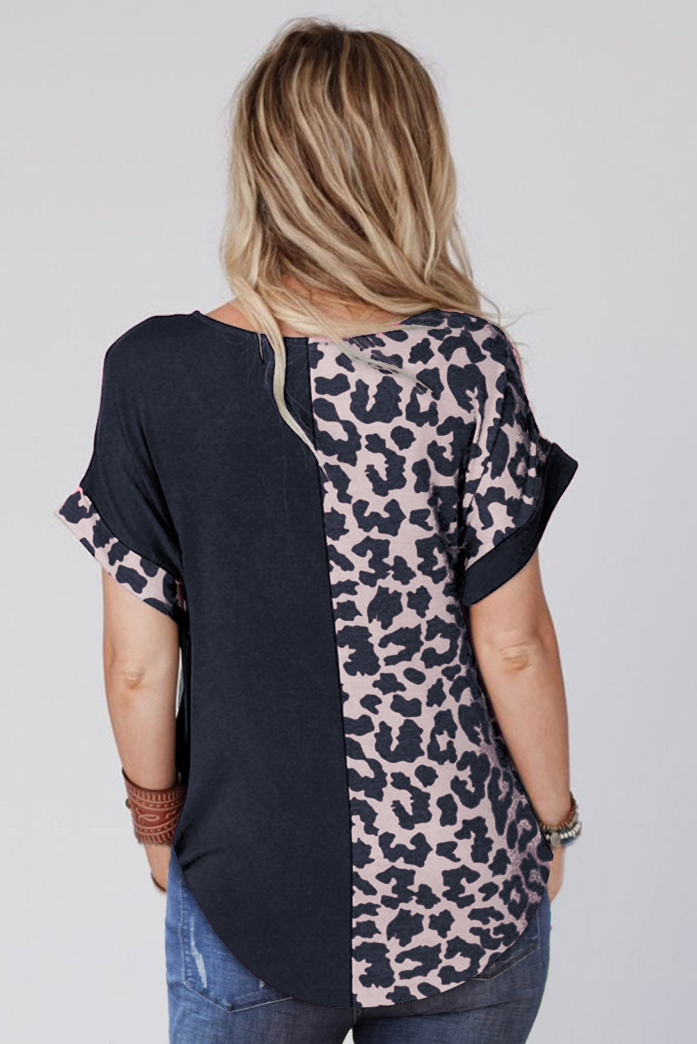 Black Leopard Print Color Block Rolled Up Sleeve Casual T Shirt