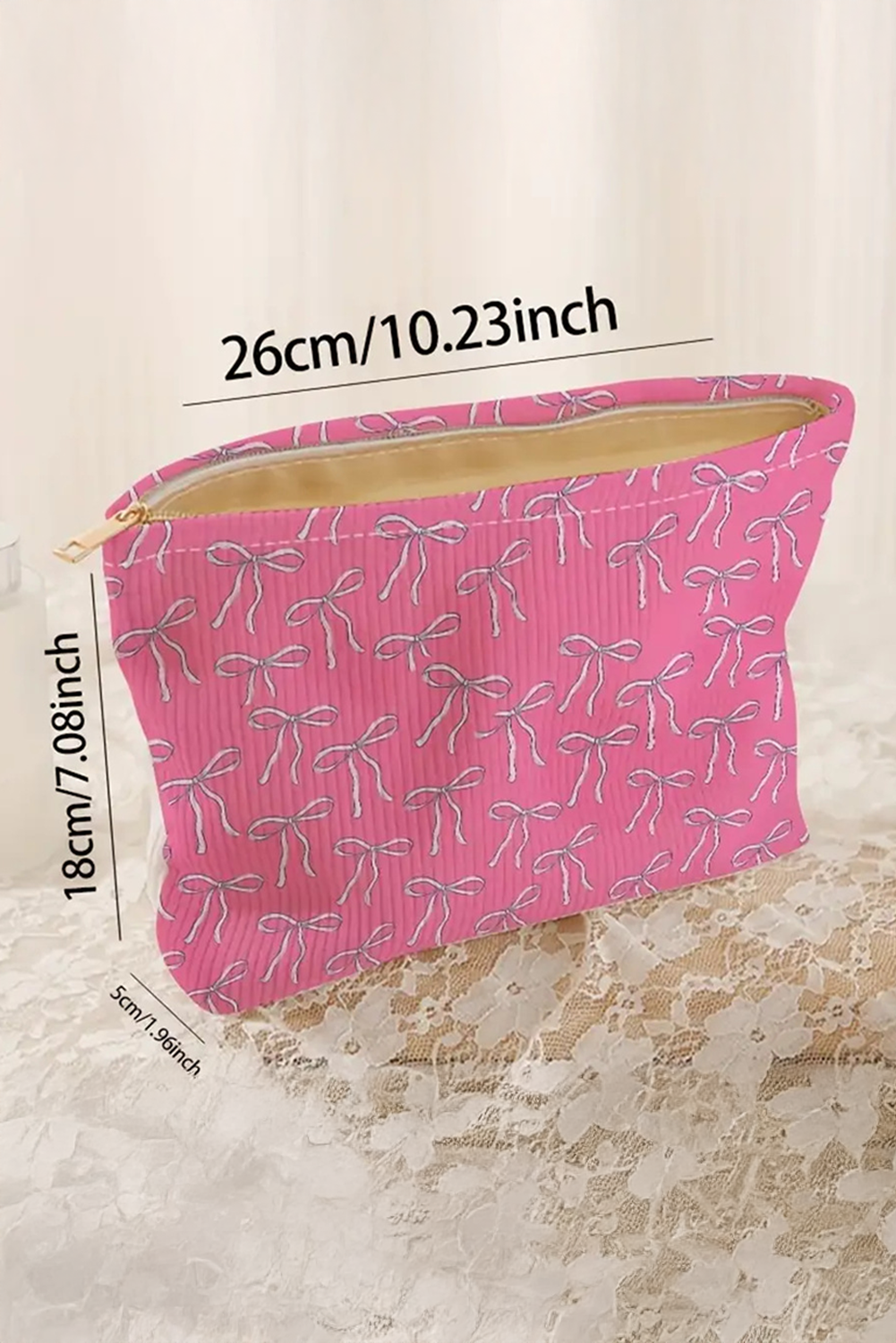 Bright Pink Valentines Bow Print Ribbed Makeup Bag