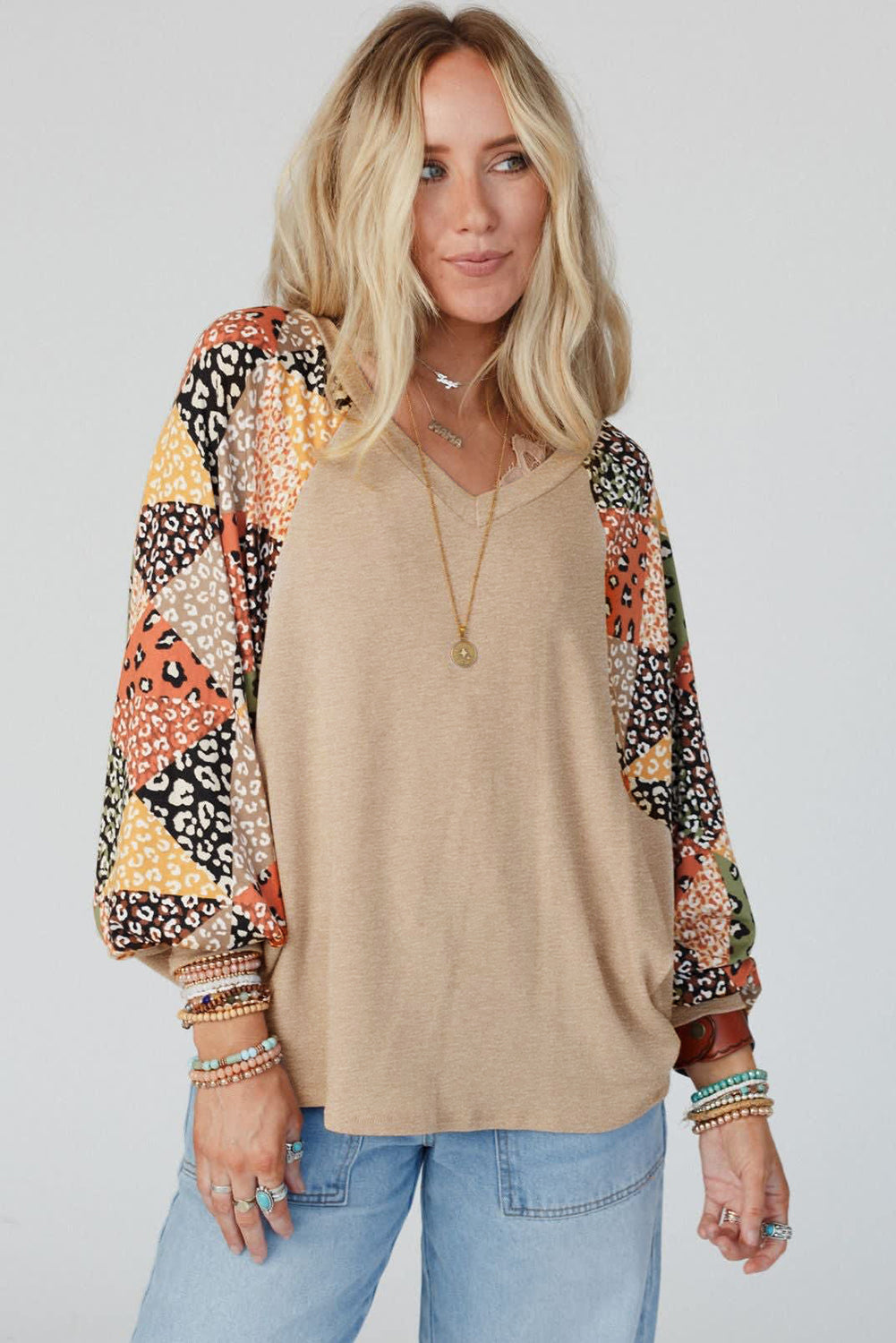 Parchment Leopard Patchwork Lantern Sleeve V Neck Loose Top