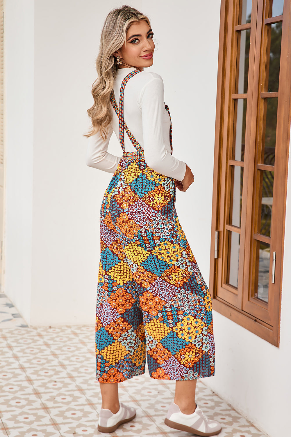 Multicolour Boho Floral Print Cropped Wide Leg Overalls