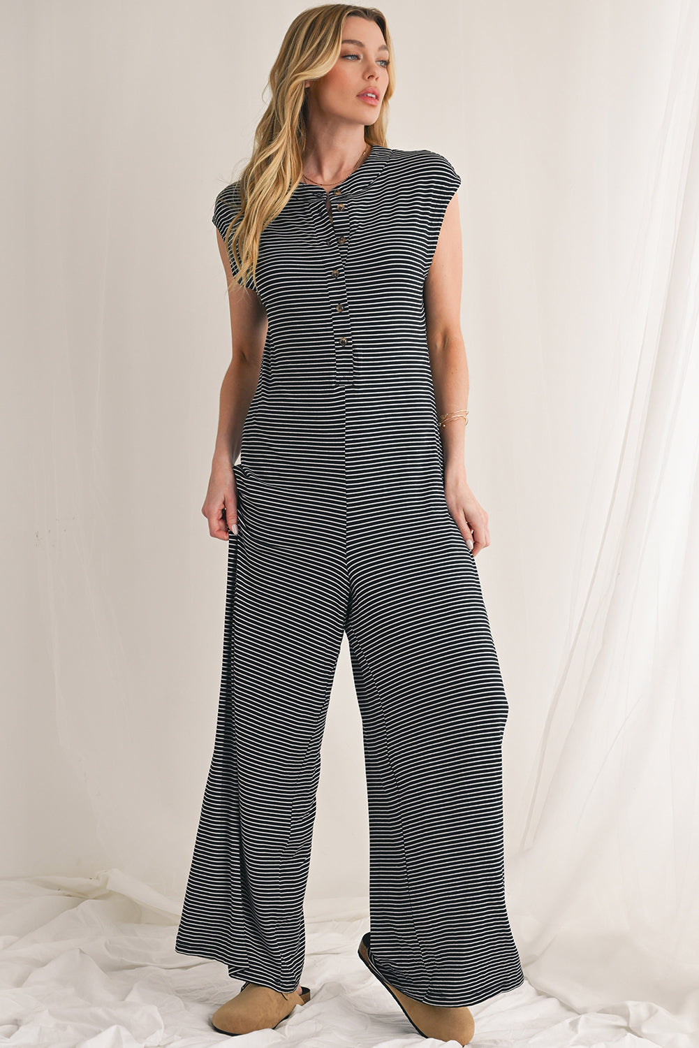 Black White Striped Button Sleeveless Jumpsuit