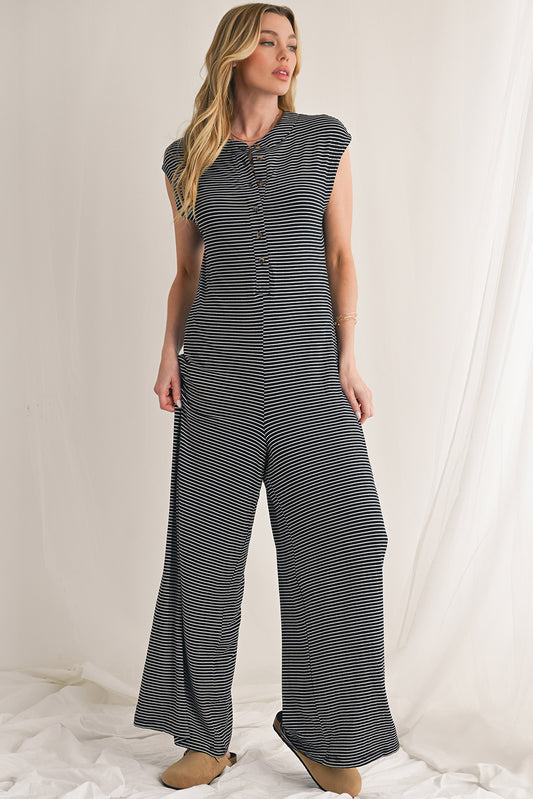 Black White Striped Button Sleeveless Jumpsuit