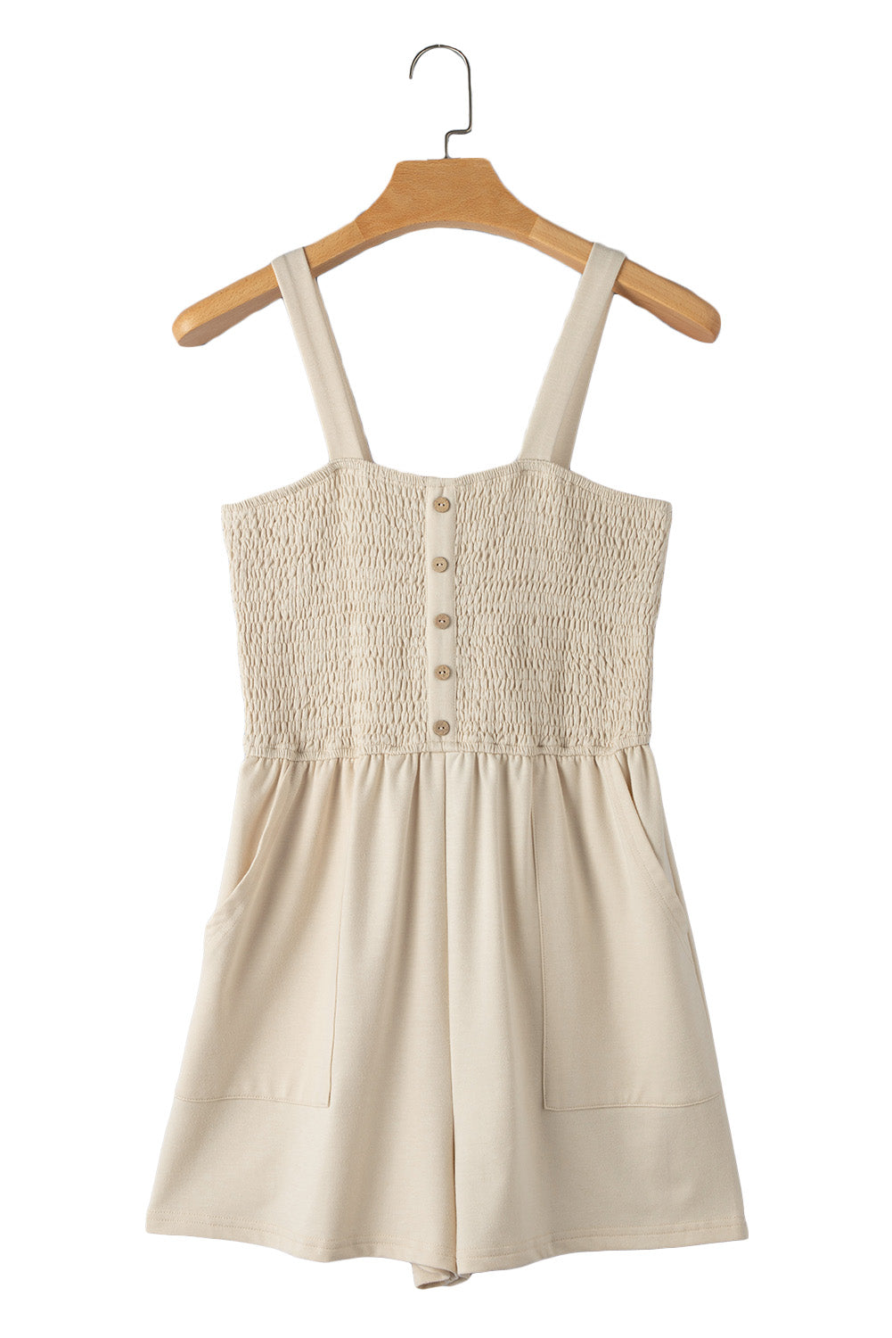 Beige Solid Color Buttons Smocked Sleeveless Romper