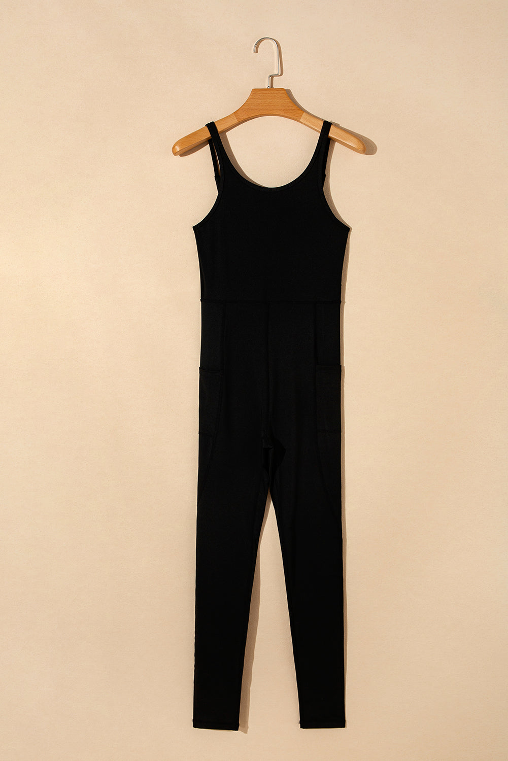 Black High Waist Backless Side Pockets Slim Fit Sports Jumpsuit