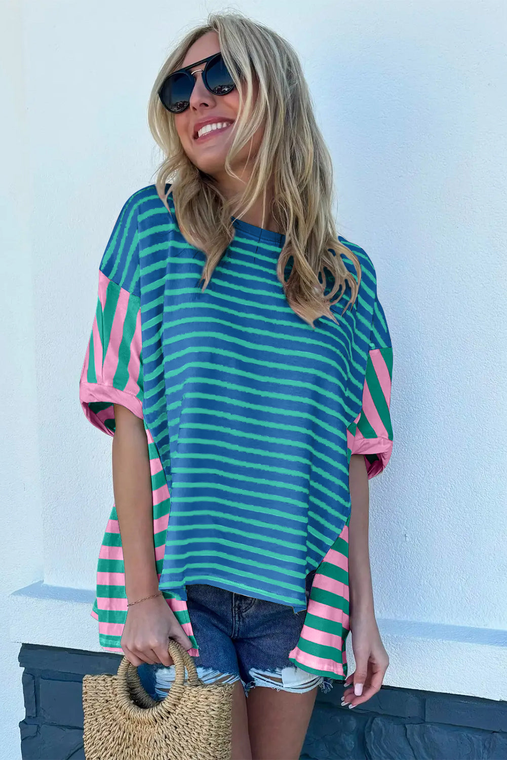 Blue Stripe Patchwork Slits Baggy T Shirt