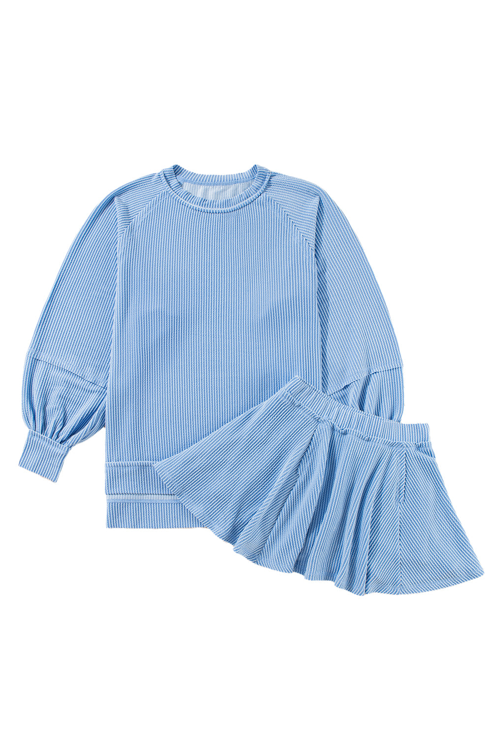 Sky Blue Corded Lantern Sleeve Pullover Ruffle Mini Skirt Set