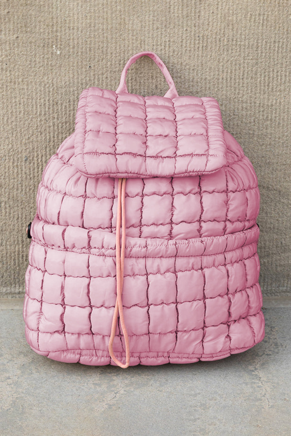 Coffee Solid Flapped Quilted Puffer Backpack