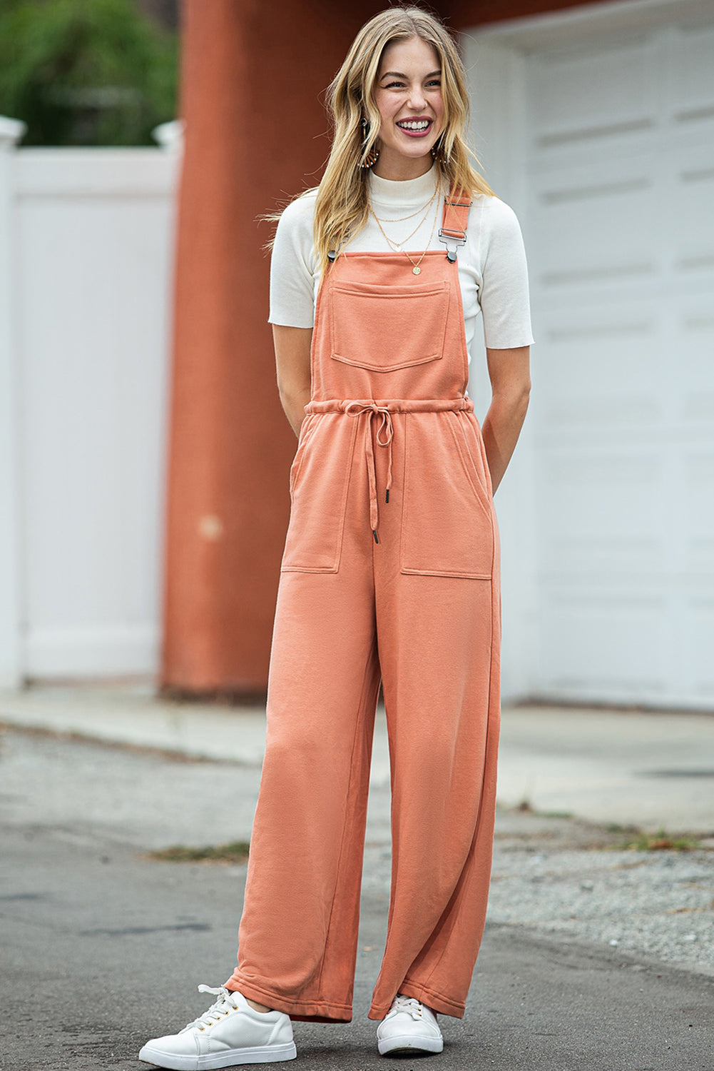 Orange Pocketed Drawstring Wide Leg Overalls