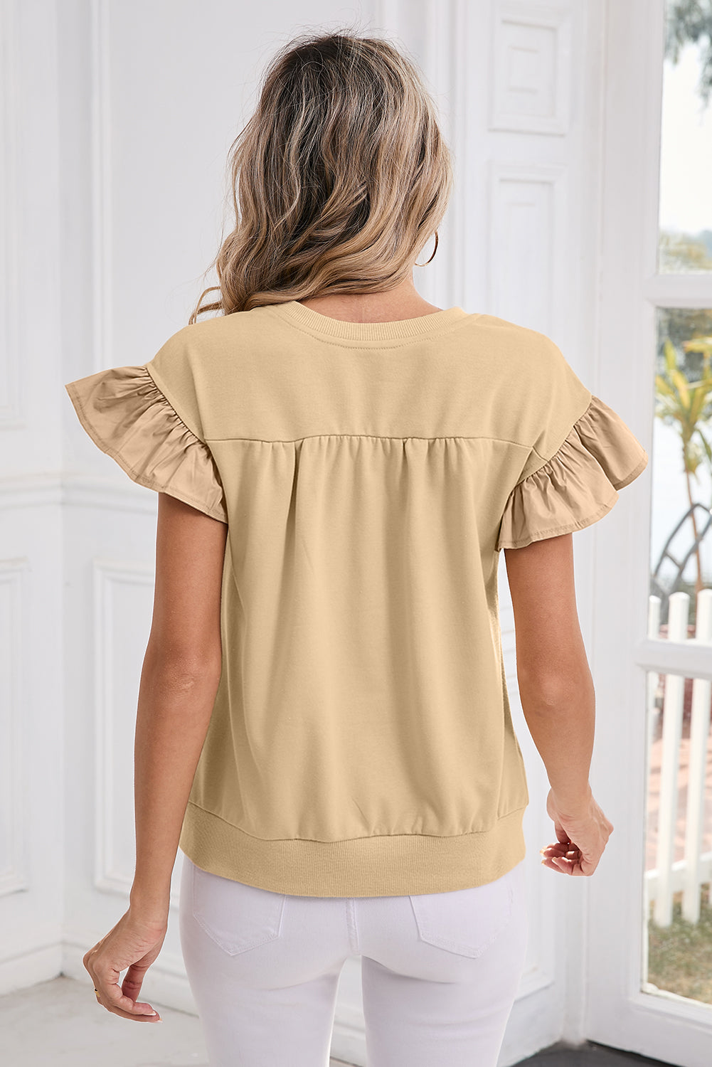 Parchment Ribbon Bow Ruffle Sleeve Round Neck Top