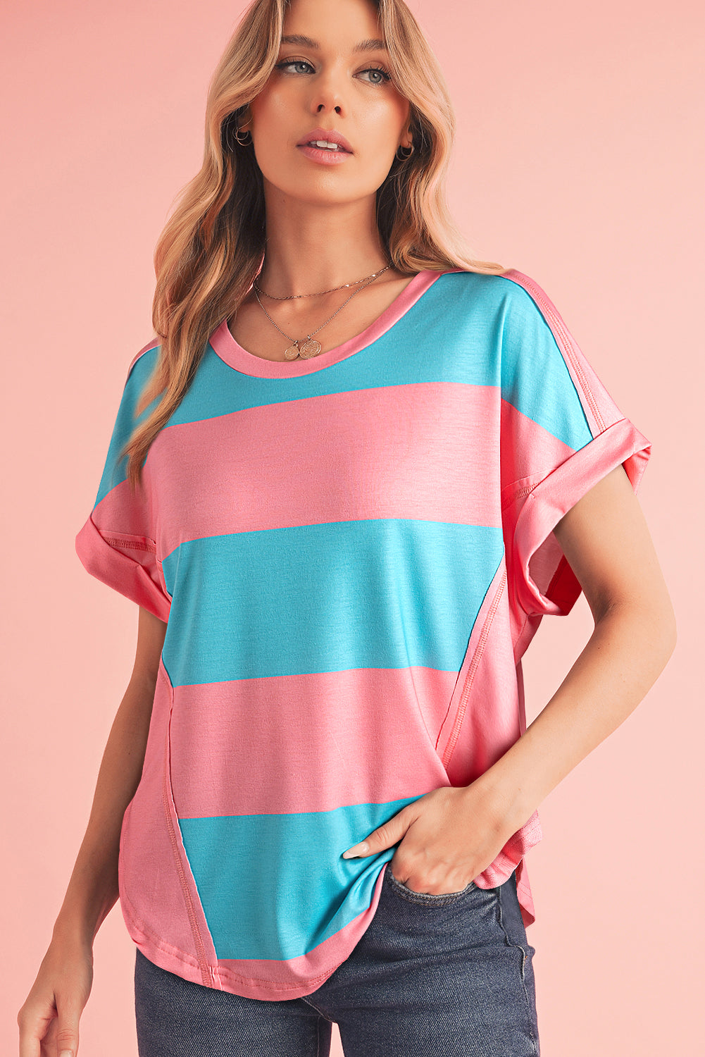 Green & Rosy Colorblock Exposed Seam Tee