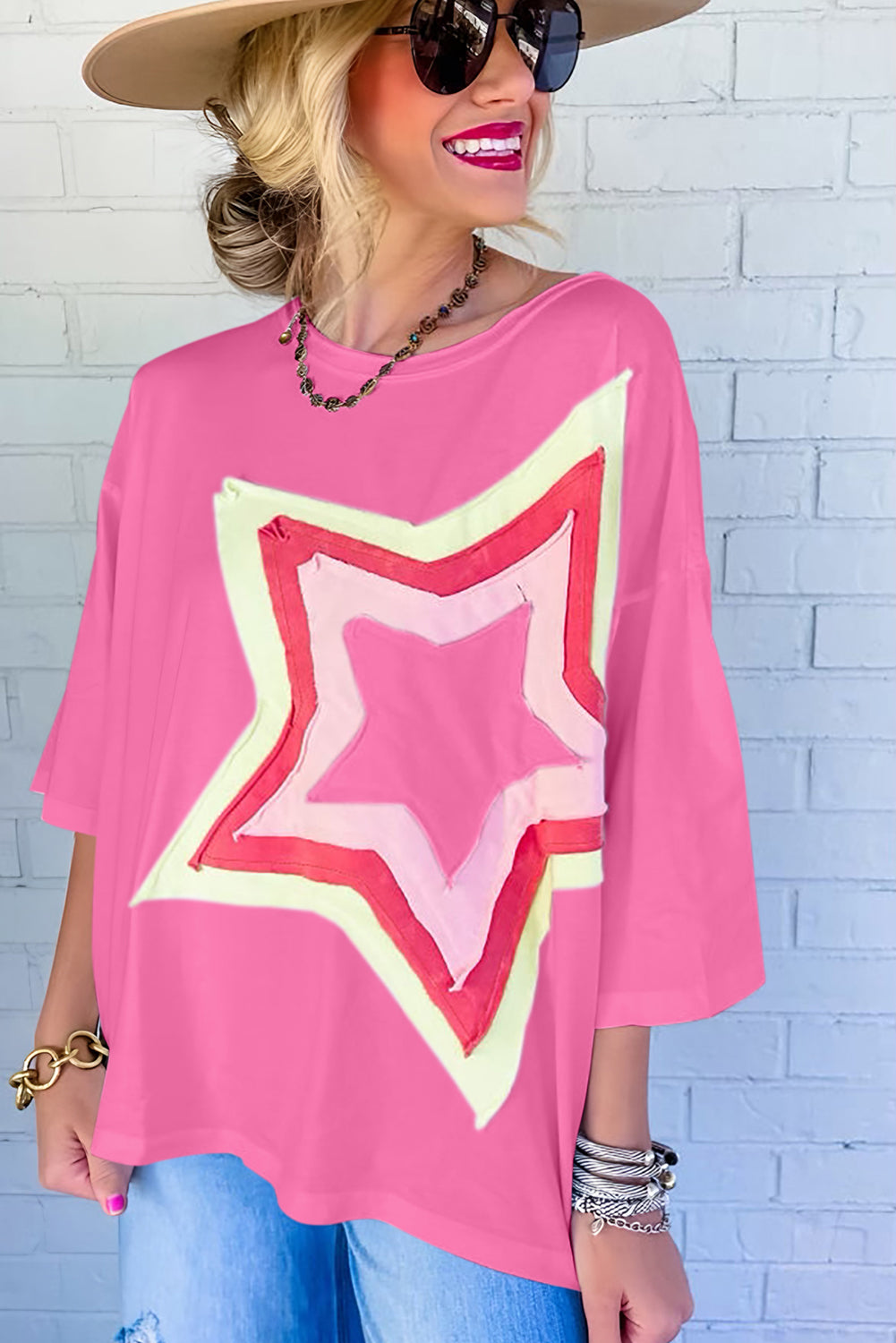 Bonbon Colorblock Star Patched Half Sleeve Oversized Tee