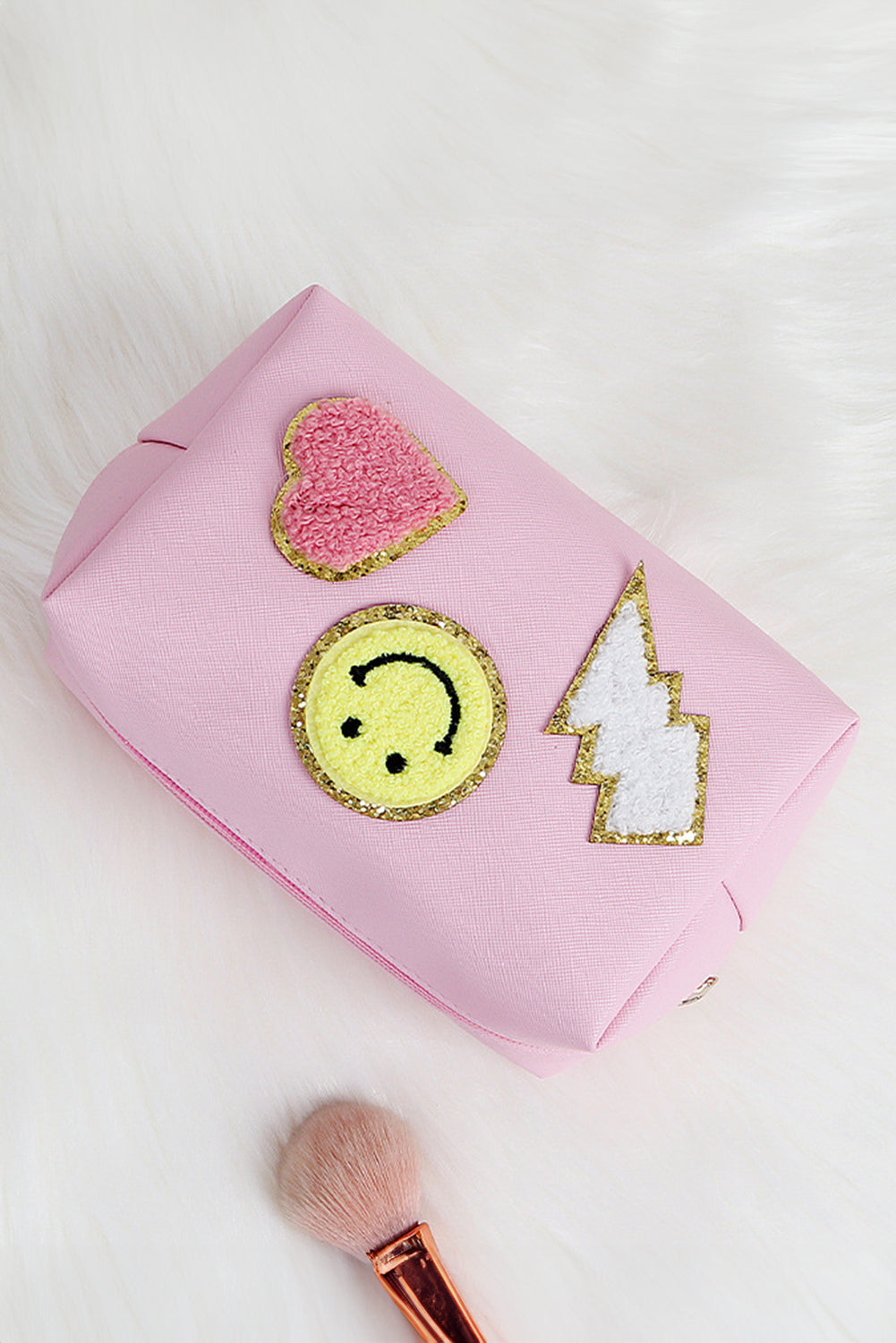 Pink Pu Cute Smile Valentines Heart Patched Makeup Bag