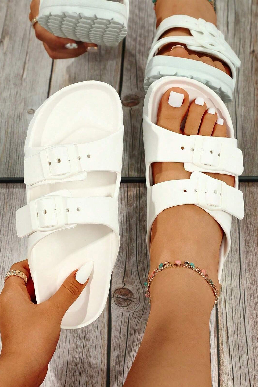 White Solid Color Buckle Straps Beach Slides Shoes