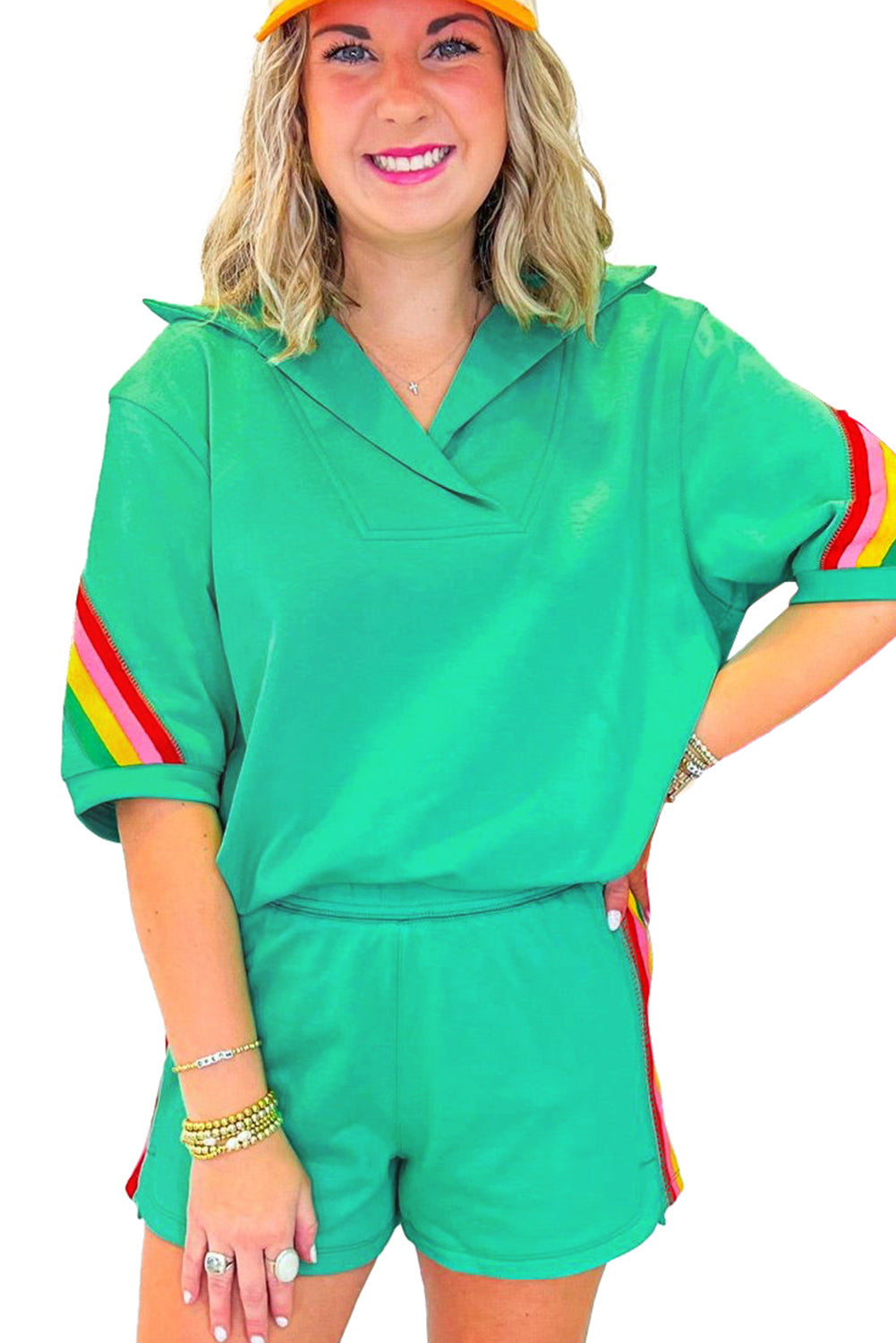 Sea Green Rainbow Colorblock Collared Short Sleeve Top and Shorts Set