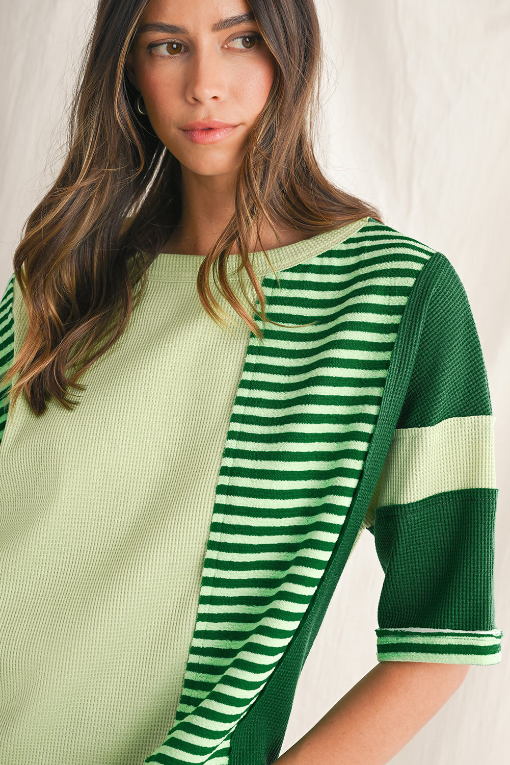 Mint Green Striped Patchwork Half Sleeve T Shirt