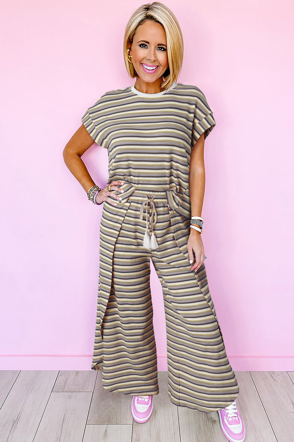 Black Stripe Rainbow Tee and Tassel Drawstring Wide Leg Pants Set