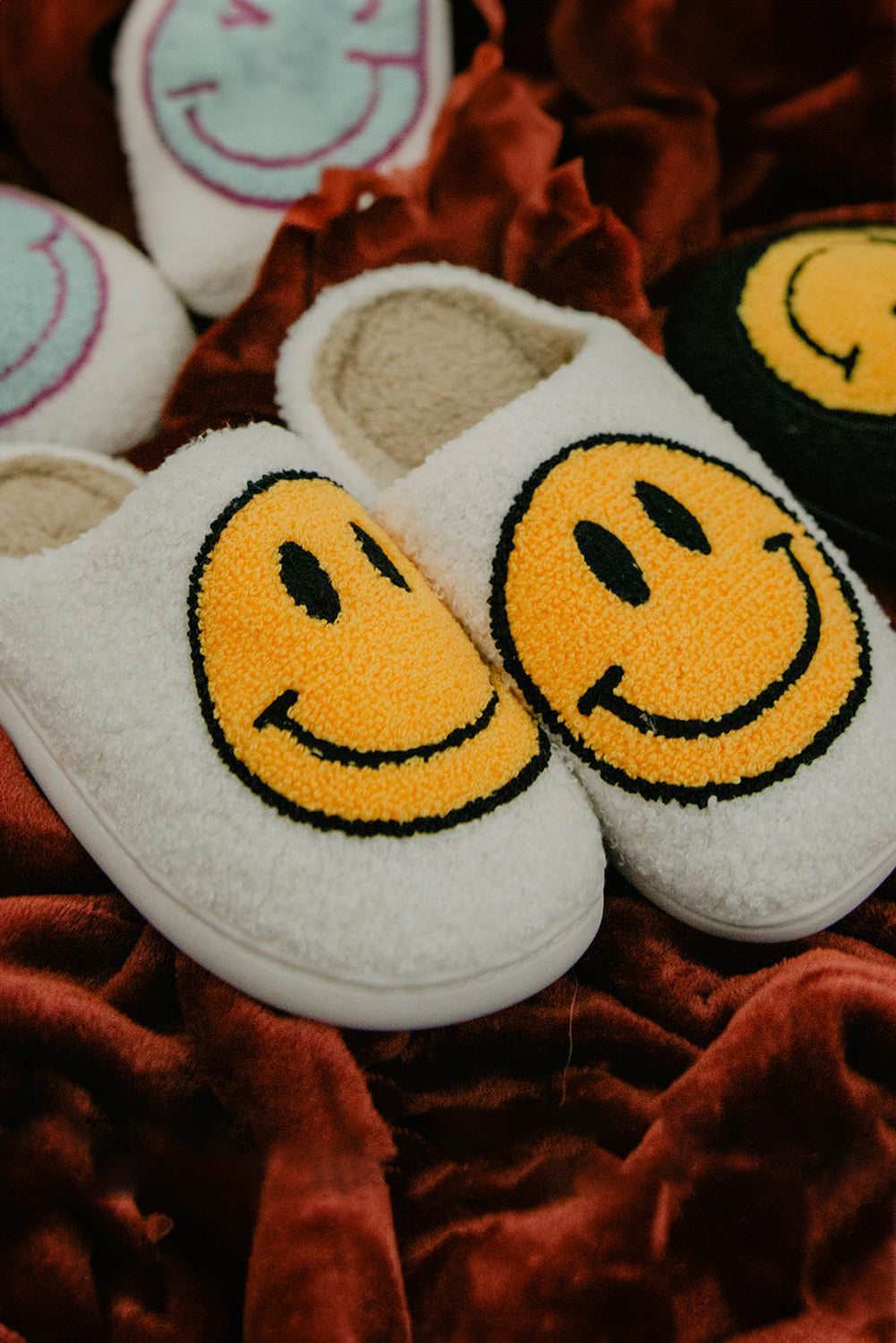 Pink Smile Face Print Non-slip Plush Home Slippers