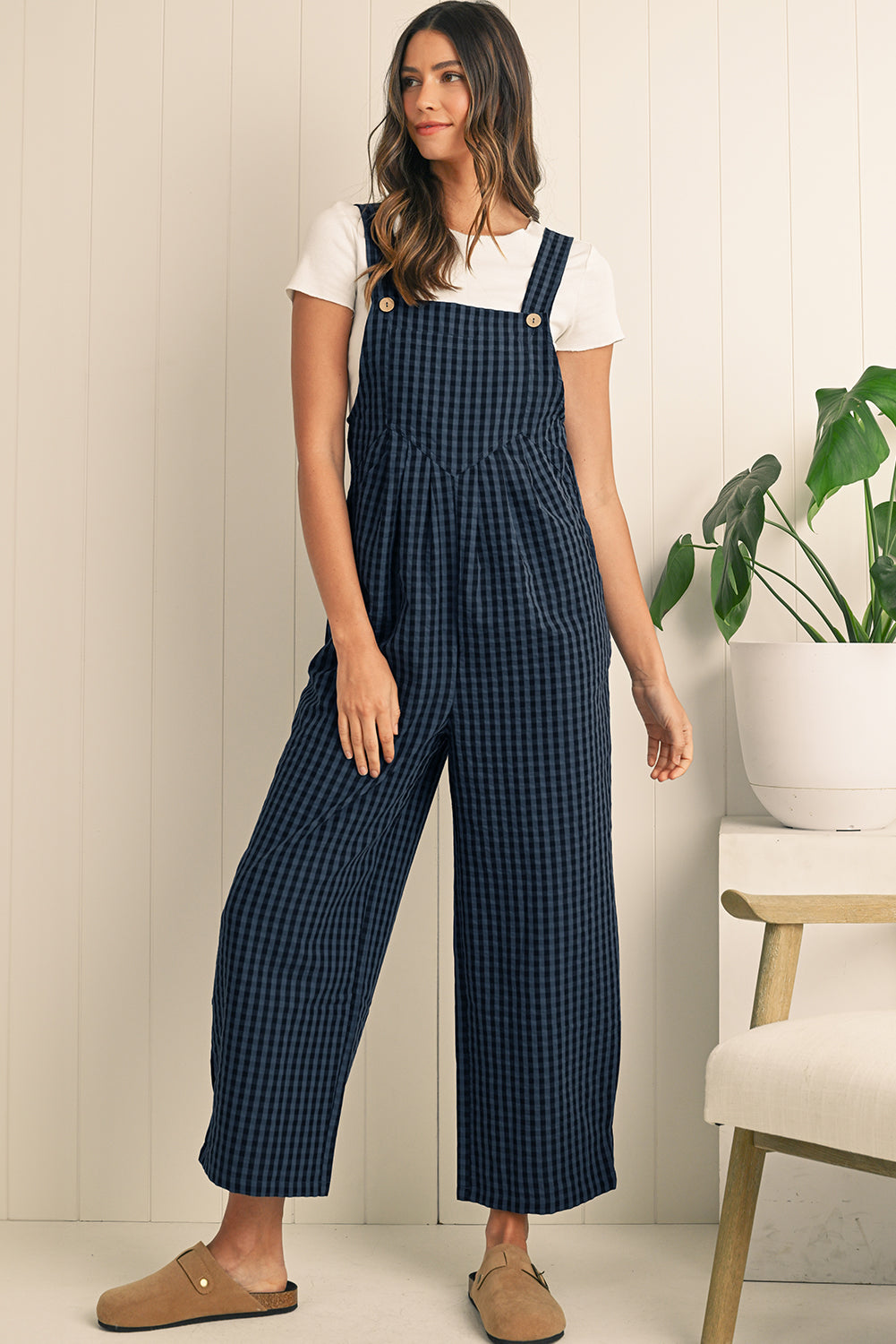 Sail Blue Plaid Print Buttoned Pocket High Waist Overall