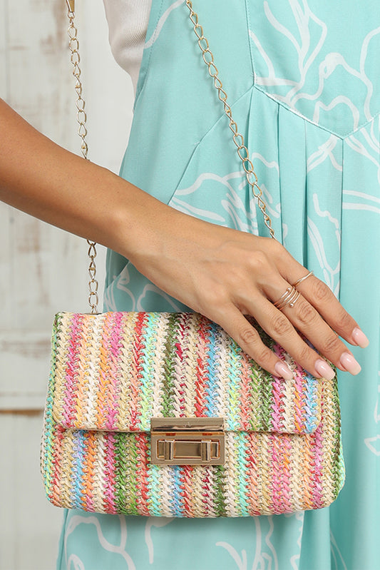 Strawberry Pink Striped Crochet Flapped Single Shoulder Bag