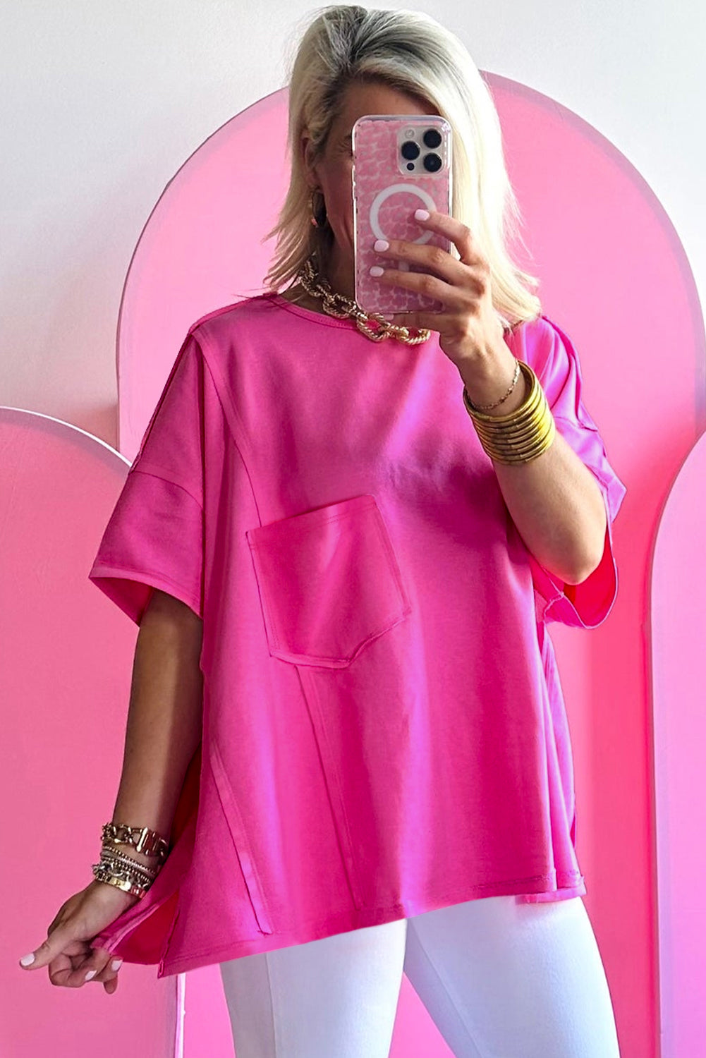 Bright Pink Patched Pocket Exposed Seam Oversized T Shirt