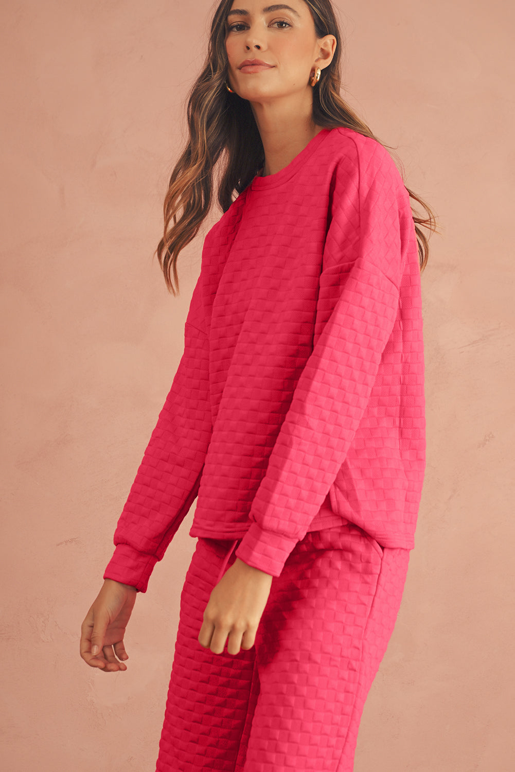 Strawberry Pink Checkered Textured Split Pullover Top and Pants Set