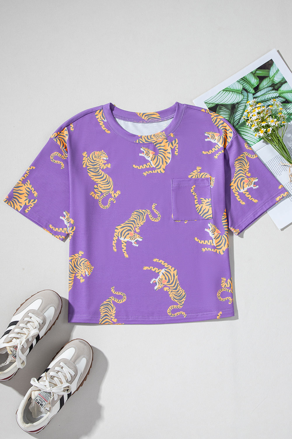 Purple Allover Tiger Print Patch Pocket Loose T Shirt