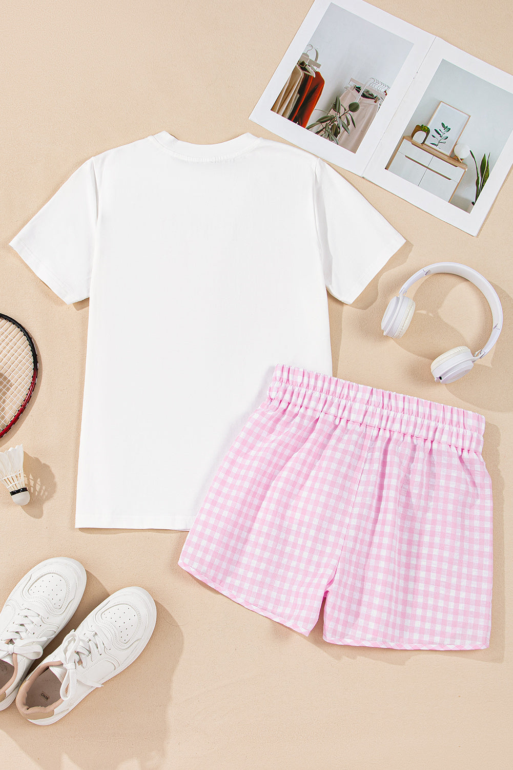 White MAMA Printed Tee and Plaid Shorts Set